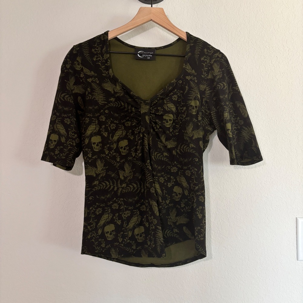 Midnight Hour Top L Cotton Stretch Skull Raven Green Goth Grunge